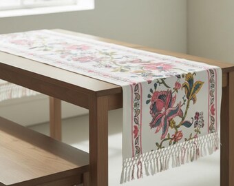 Camino de mesa de algodón floral - Lino de comedor bohemio con borlas tejido a mano, decoración rústica artesanal estampada y regalo