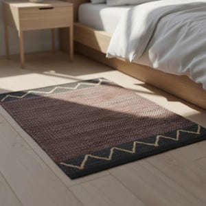 Handgeweven katoen Durry - bruin boho vloerkleed met abstracte chevron en strepen, ambachtelijke neutrale woonkamer afbeelding 3