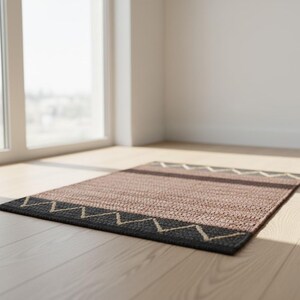 Handgeweven katoen Durry - bruin boho vloerkleed met abstracte chevron en strepen, ambachtelijke neutrale woonkamer afbeelding 1