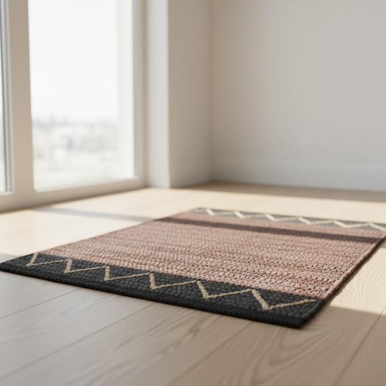 Handgeweven katoen Durry - bruin boho vloerkleed met abstracte chevron en strepen, ambachtelijke neutrale woonkamer afbeelding 1