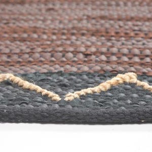 Handwoven Cotton Abstract Brown Durry – Artisan Chevron & Stripe Rug in Leather, Jute & Cotton