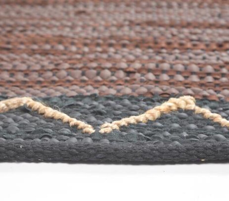 Handwoven Cotton Abstract Brown Durry – Artisan Chevron & Stripe Rug in Leather, Jute & Cotton