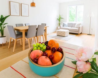 Bol para ensalada de madera de acacia color aguamarina – Vajilla esmaltada artesanal, plato rústico para frutas