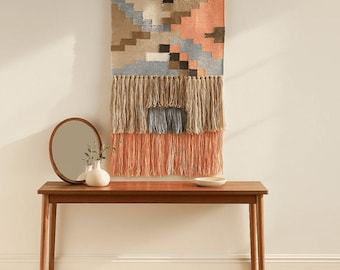 Tenture murale en laine Tetris - décoration bohème texturée tissée à la main, art textile tissé géométrique, tapisserie moderne en fibres