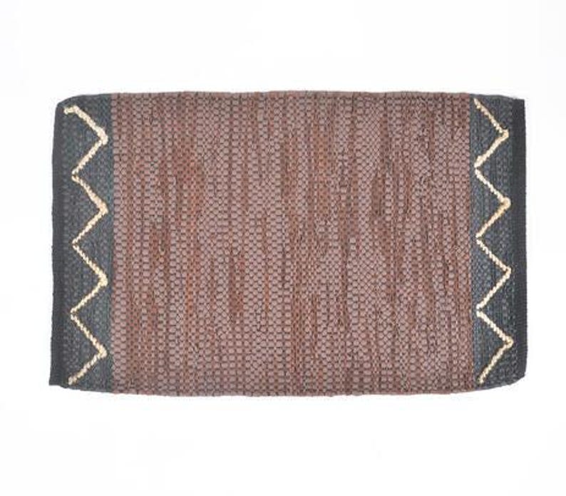 Handwoven Cotton Abstract Brown Durry – Artisan Chevron & Stripe Rug in Leather, Jute & Cotton