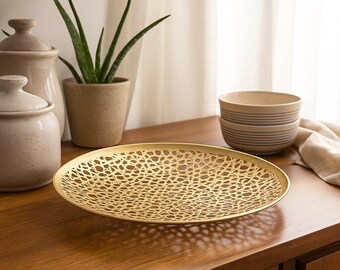 Gold Iron Decorative Tray - Latticed Handcrafted Metal Boho Ottoman, Vanity & Coffee Table Serving
