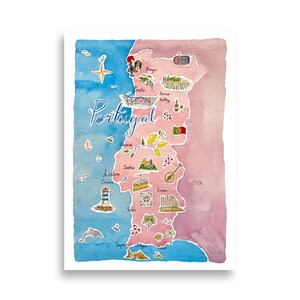 Portugal Watercolour Illustrated Map Print, Portugal Travel Poster, Portugal Art, Wall Decor, Featuring Lisbon, Porto, Lagos, Algarve Art