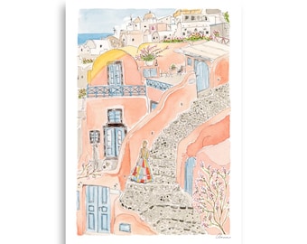 Lámina artística de Santorini en acuarela / Póster de viaje de Grecia / Decoración de pared de Santorini / Arte griego / Póster de viaje / Lámina artística de Europa