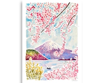 Mount Fuji Painting Japan Watercolor Art Print Mountain Sunrise