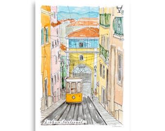 Stampa artistica ad acquerello del tram di Lisbona, poster di viaggio di Lisbona, Portogallo, regalo per decorare le pareti di Lisbona, arte di viaggio, illustrazione di Lisbona