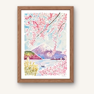 富士山の水彩画アートプリント、日本旅行ポスター、桜の絵、日本の風景旅行ポスター