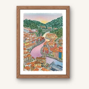 Lámina artística de Bilbao A4 / Lámina artística del País Vasco / Lámina artística del País Vasco / Decoración de pared de Bilbao / Acuarela / Póster de viaje / Lámina artística de Europa