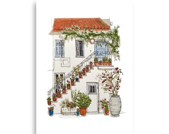 Mediterranean Beach House Watercolor Print | Coastal Wall Art | Beach House Decor | Summer Travel Poster | Italy Coast Art