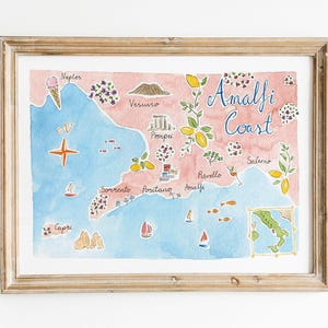 Watercolour Amalfi Coast Illustrated Map Art Print, Positano Travel Poster, Travel Art, Wall Decor, Italian Coast Map, Amalfi Map Art Print