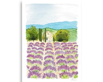 Provence Lavender Field Art Print | France Art Print | Watercolour Art | Provence Wall Decor | Travel Poster | Europe Art Print