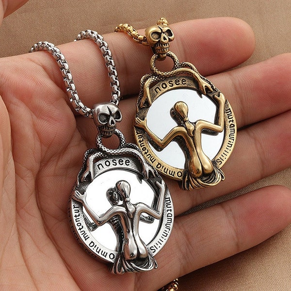 Punk Hip Hop Magic Mirror Stainless Steel Skull Pendant Necklace Men Women Fashion Silver/Gold Color Biker Necklace Jewelry Gift