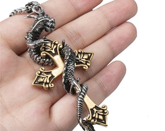 Collier pendentif en acier inoxydable pour homme, chaîne avec pendentif en or et croix de dragon