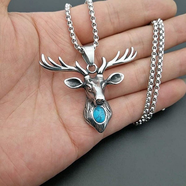 Deer Head Pendant Necklace Men Punk Stainless Steel Deer Head Animal Pendant Men And Women Fashion Charm Jewelry