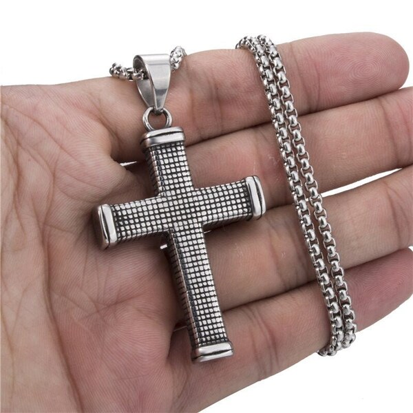 Cadena de acero inoxidable para hombre, colgante religioso de doble cara con cruz de plata, joyería, longitud personalizada de 45-90cm