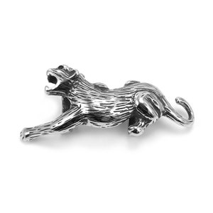 May include: A silver-toned metal belt buckle featuring a detailed sculpture of a leaping panther.