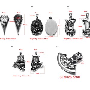 May include: Ten silver pendants featuring a variety of Viking and Norse designs. The pendants are displayed from both the front and back. The pendants measure approximately 6.5 cm in size.