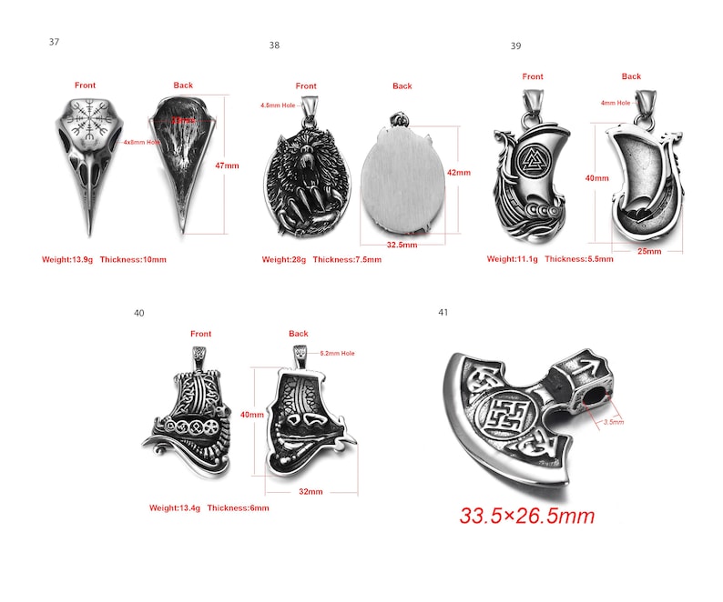 May include: Ten silver pendants featuring a variety of Viking and Norse designs. The pendants are displayed from both the front and back. The pendants measure approximately 6.5 cm in size.
