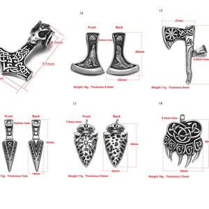 May include: Set of ten silver-toned pendants with various Viking-inspired designs, including a hammer, axe, arrowhead, and bear paw. Each pendant features intricate details and measures between 3.5 and 5.7 cm in length. The pendants are made of stainless steel and have a thickness of 3.5 to 8.5 mm.