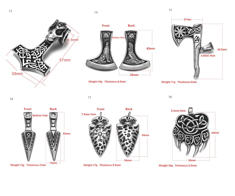 May include: Set of ten silver-toned pendants with various Viking-inspired designs, including a hammer, axe, arrowhead, and bear paw. Each pendant features intricate details and measures between 3.5 and 5.7 cm in length. The pendants are made of stainless steel and have a thickness of 3.5 to 8.5 mm.