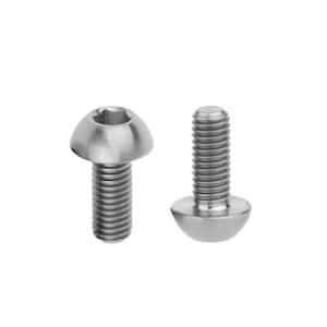 May include: Two silver titanium bolts with a rounded head and a hexagonal socket.