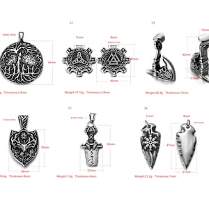May include: Ten silver pendants with various designs, including a tree of life, a triquetra, a valknut, a hammer, a shield, a sword, and an arrowhead. Each pendant has a hole for a chain or cord. The pendants are shown against a white background.