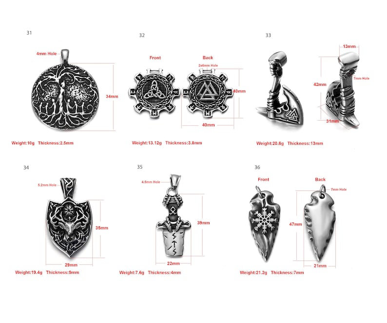May include: Ten silver pendants with various designs, including a tree of life, a triquetra, a valknut, a hammer, a shield, a sword, and an arrowhead. Each pendant has a hole for a chain or cord. The pendants are shown against a white background.