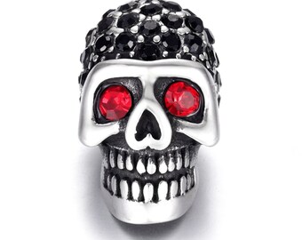 Stainless Steel Beads Red Eye Skull Rhinestone Metal Large Hole 6mm Bead Slider DIY Men Bracelet Punk Jewelry Making Supplies