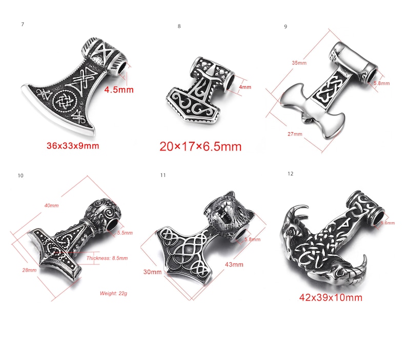 May include: Ten silver-toned pendants with intricate designs, including an axe, a hammer, and an anchor. The pendants are shown with their dimensions in millimetres.
