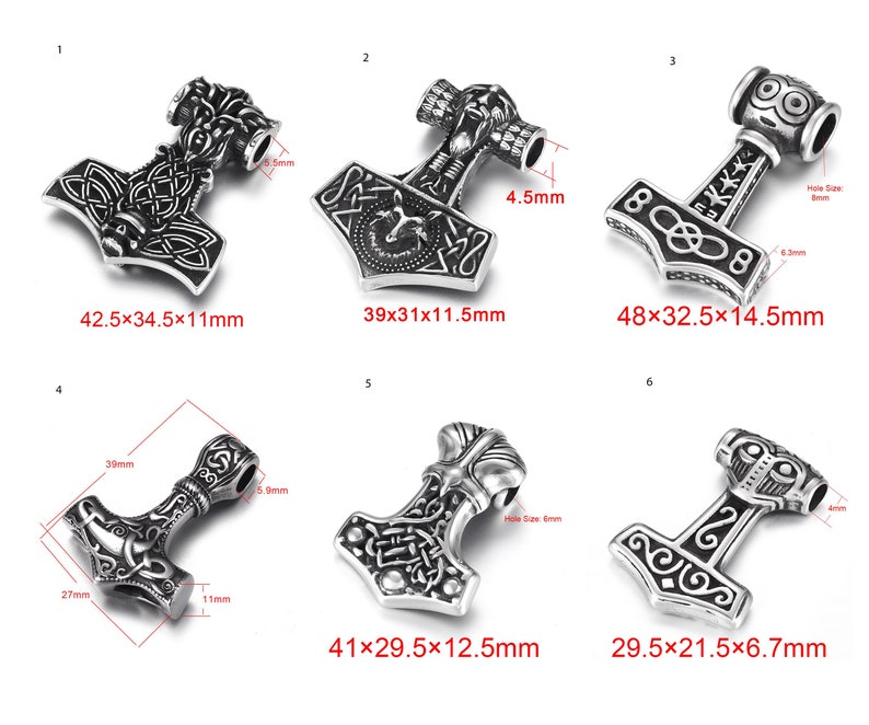 May include: Ten silver-toned metal pendants in the shape of a hammer with intricate designs. The pendants range in size from 7.5 cm to 12.2 cm in length.