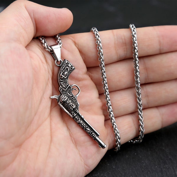 Vintage Gothic Revolver Gun Pendants Necklaces Stainless Steel Chain Punk Hip Hop for Men Women Party Jewelry Gift