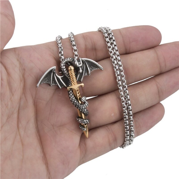 Chaîne avec pendentif en acier inoxydable pour hommes, dragon volant, épée en or, collier bijoux 45-90 cm