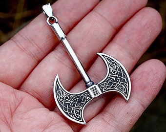 Vintage Double Sided Viking Axe Pendant Necklace For Men Stainless Steel Nordic Celtic Knot Necklace Fashion Amulet Jewelry Gift