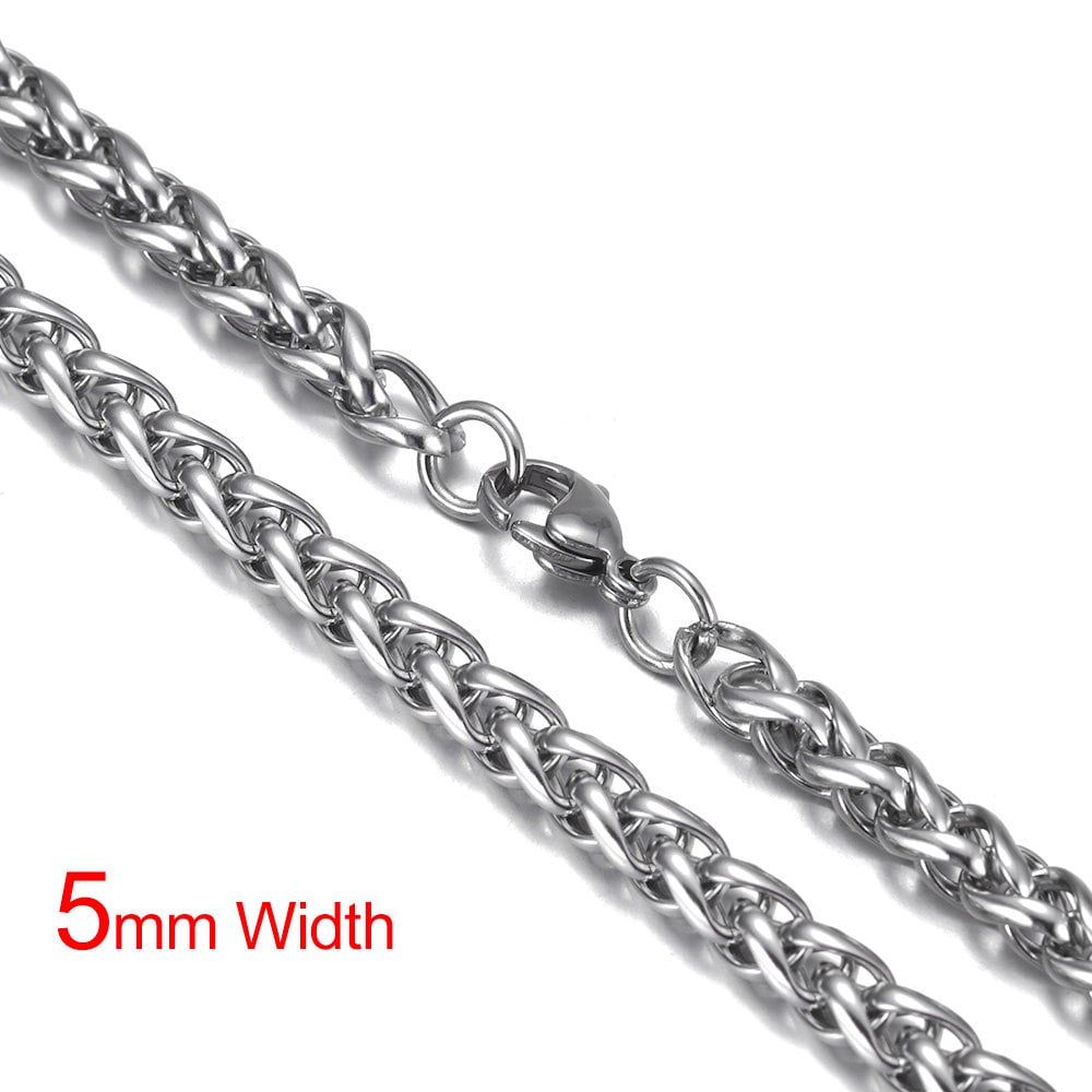 Cadena Trigo Plateada Collar De Acero Inoxidable Trenzado Estilo Trigo - Plateado, Grosores De 3 A 6mm, Largos De 18 A 36 Pulgadas Cadena De Acero Inoxidable Grueso