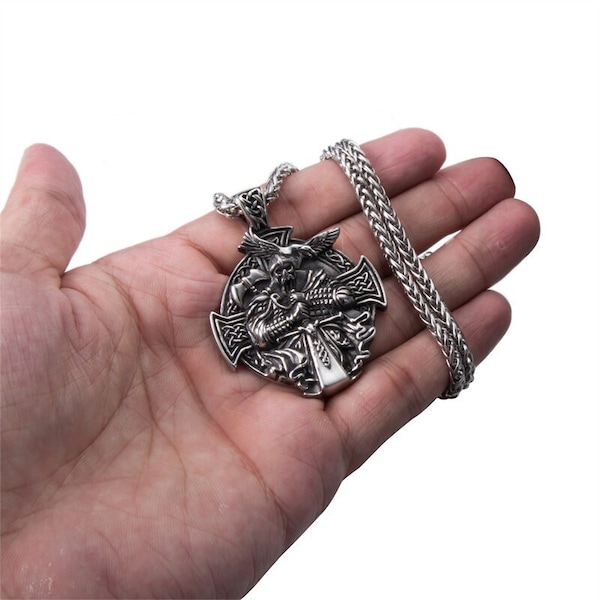 Norse Viking Odin Stainless Steel Necklace for Men Nordic Cross Crow Raven Rune Amulet Pendant Vintage Original Jewelry