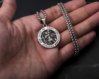 Saint Christopher Pendant Vintage Stainless Steel Alloy Greek Jesus Amulet Pendant Necklace for Men Women