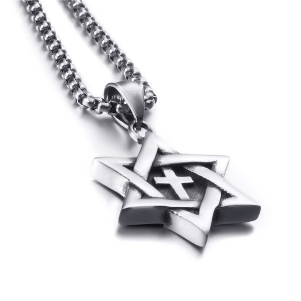 Collier chaîne avec pendentif croix messianique étoile de David pour homme en acier inoxydable