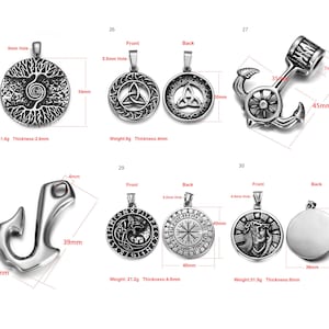 May include: A set of ten silver pendants featuring a variety of designs, including a tree of life, a Celtic knot, an anchor, and a Viking symbol. The pendants are all approximately 4 cm in diameter and have a hole for a chain.