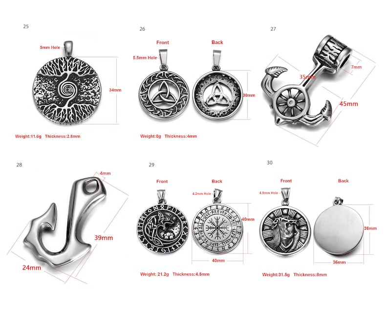 May include: A set of ten silver pendants featuring a variety of designs, including a tree of life, a Celtic knot, an anchor, and a Viking symbol. The pendants are all approximately 4 cm in diameter and have a hole for a chain.