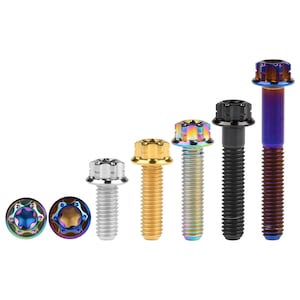 May include: A set of seven bolts with different colored finishes, including gold, silver, black, and rainbow. The bolts have a star-shaped head and are arranged in a row from smallest to largest.