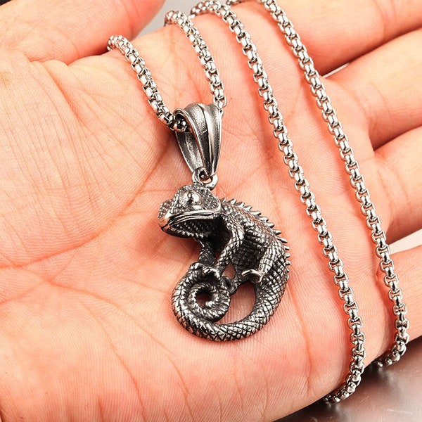 Gothic Stainless Steel Chameleon Pendant Necklace Punk Biker Animal Pendant Cool Men Fashion Jewelry