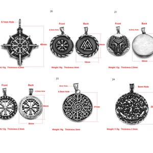 May include: Ten different silver pendants with various designs, including a compass, a wolf, a tree, and a symbol with runes. The pendants are shown from the front and back, with measurements in millimetres.