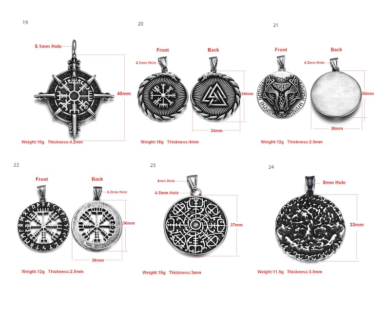 May include: Ten different silver pendants with various designs, including a compass, a wolf, a tree, and a symbol with runes. The pendants are shown from the front and back, with measurements in millimetres.