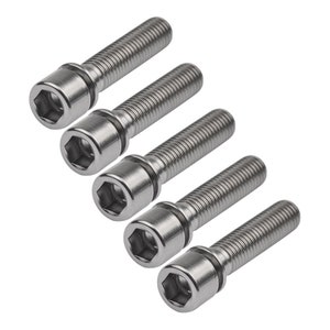 Puede incluir: Cinco tornillos de cabeza hexagonal plateados con una arandela en cada uno. Los tornillos están dispuestos en forma escalonada.