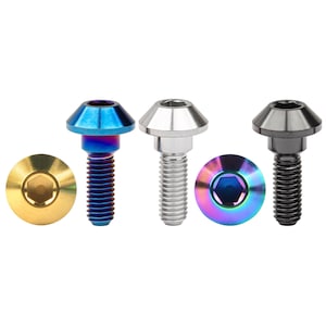 May include: An assortment of metallic bolts with hexagonal sockets. The bolts feature various colors, including gold, silver, blue, and a rainbow iridescent finish. The bolts have a conical head and threaded shaft, suitable for mechanical applications.