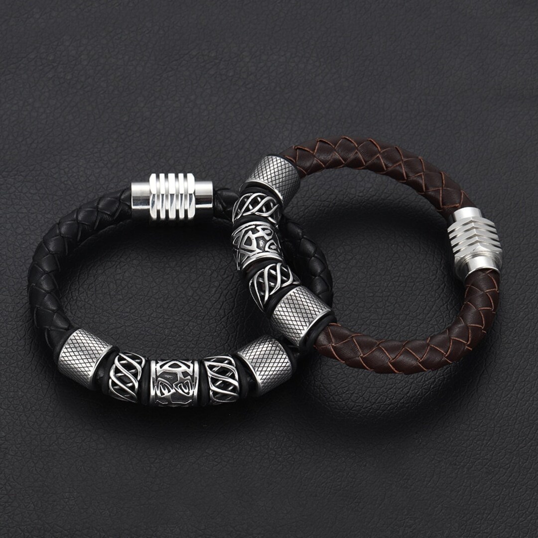 Trendy Men Brown / Black Woven Leather Bracelet With 316L Stainless ...
